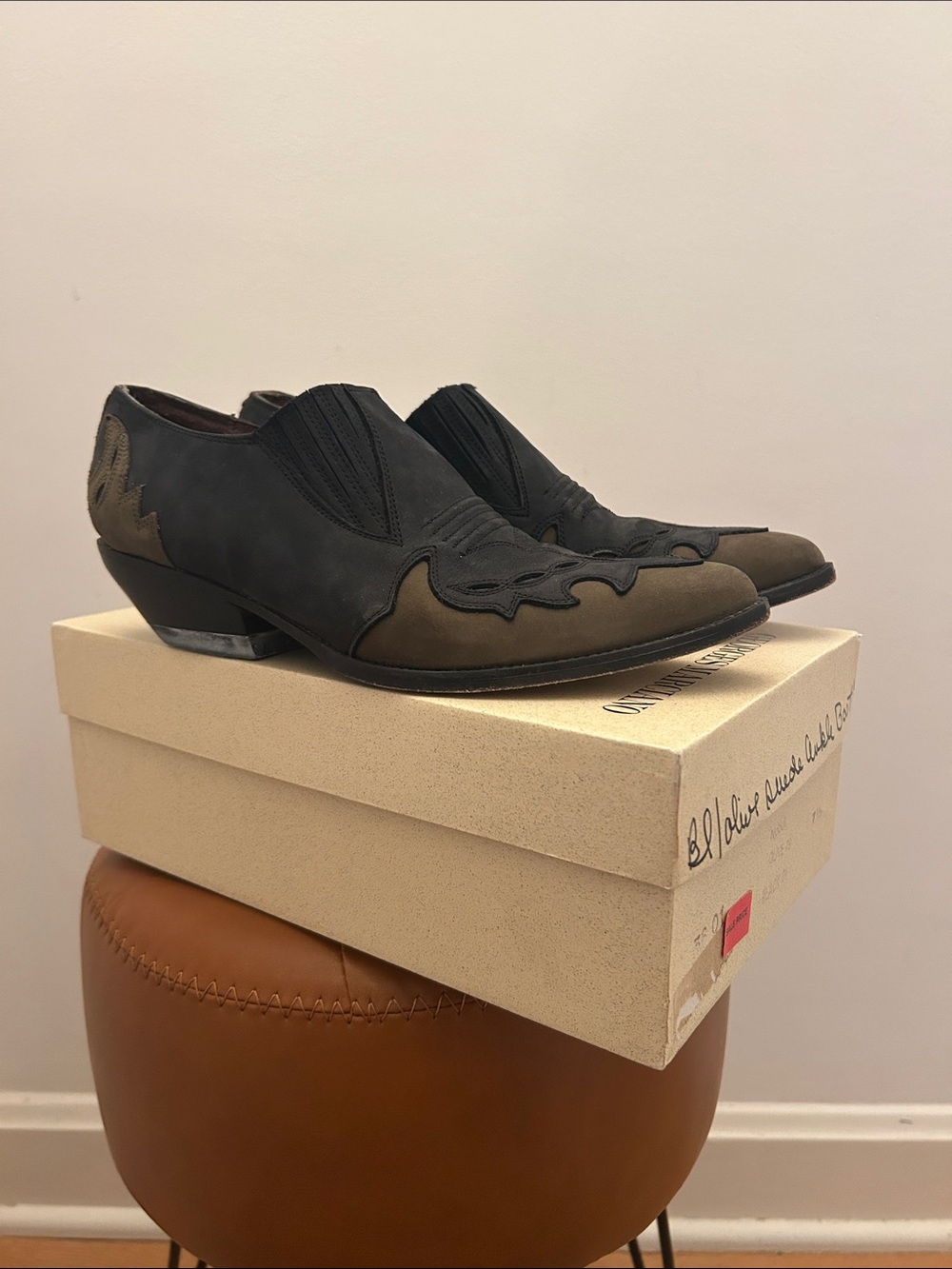 Guess by Marciano Two-Tone Black and Olive Western Slip-On Boots